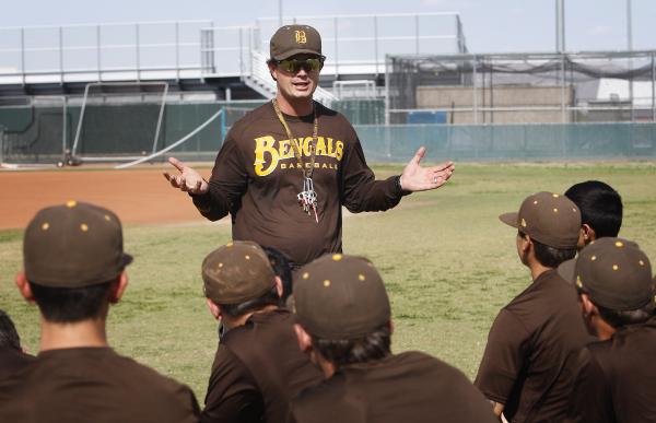 Bonanza baseball coach Derek Stafford addresses his team at practice on Tuesday.