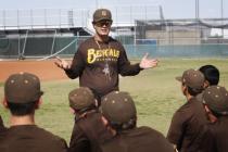 Bonanza baseball coach Derek Stafford addresses his team at practice on Tuesday.