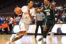 Bishop Gorman senior guard Rashad Muhammad, left, committed to San Jose State after visiting ...