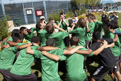 The Palo Verde Panthers’ boys tennis team huddles before playing against Centennial Bu ...