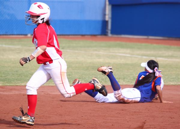 Arbor View shortstop Karli Lehr looks to complete a double play after forcing out Bishop Gor ...