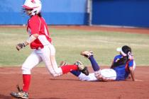 Arbor View shortstop Karli Lehr looks to complete a double play after forcing out Bishop Gor ...