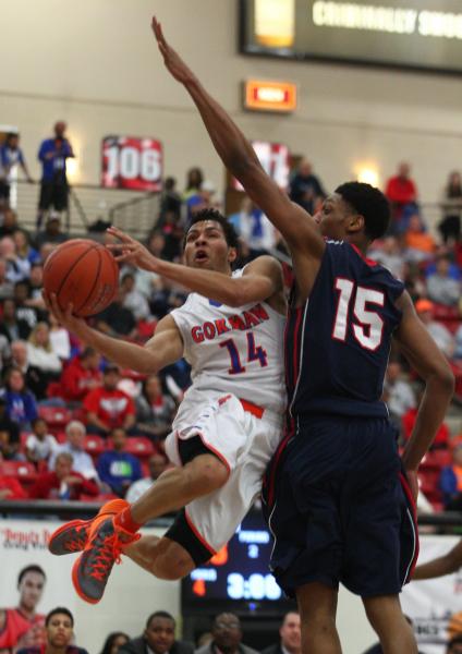 Bishop Gorman’s Noah Robotham (14) goes for a layup against Findlay Prep’s Justi ...