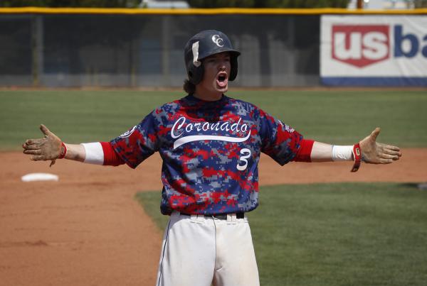 Coronado’s Tyler Brown celebrates after hitting a first-inning triple on Saturday agai ...