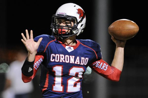 Coronado quarterback Jackson Cofer (12) looks to throw the ball against Arbor View on Friday ...