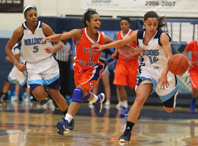 Centennial’s Jada Brown, left, and Paige Barber, and Bishop Gorman’s April River ...