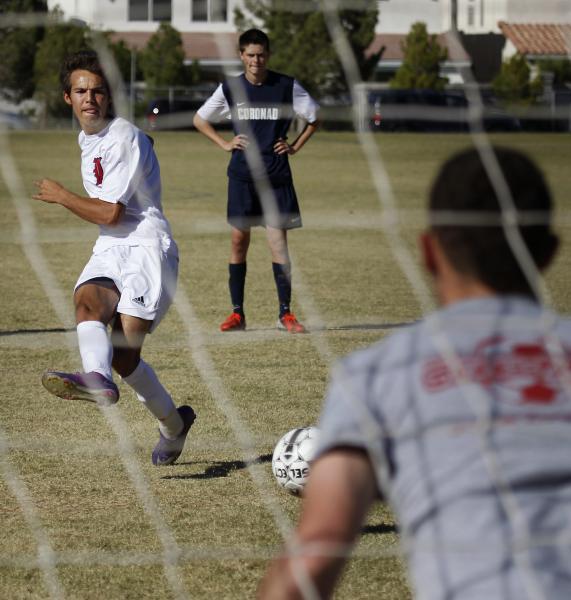 Liberty forward Danny Musovski scores a goal on a penalty kick against Coronado on Wednesday ...