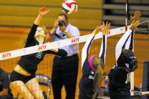 Palo Verde’s Lexi Riggs attacks against Centennial during the semifinals of the Sunset ...