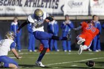 Bishop Gorman’s Dylan Weldon (30) blocks a field goal attempt by Reed’s Jesse Br ...