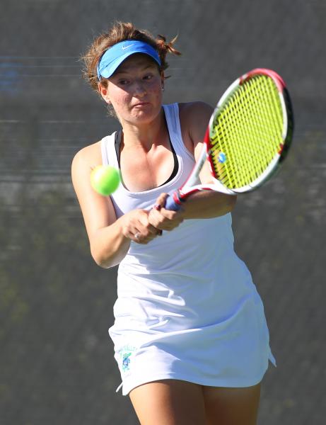 Green Valley’s Josie Legarza goes for a backhand during her set with Coronado’s ...