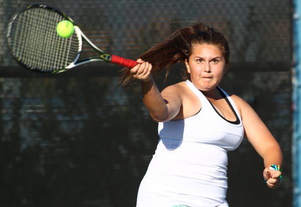 Green Valley’s Megan Madrid returns the ball against Coronado’s Lauren Coons on ...