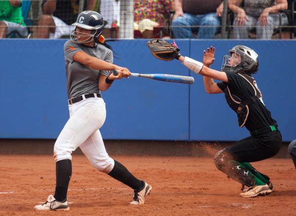 Centennial’s Savannah Horvath gets a hit in the second inning on Friday during the Bul ...