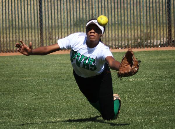 Palo Verde senior right fielder Dayana Gage makes a diving catch during the No. 2-ranked Pan ...