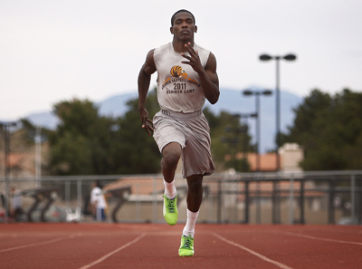 Sprinter Jayveon Taylor runs during practice at Bonanza High School in Las Vegas on March 7, ...