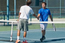 Sam Sholeff, right, and Dylan Levitt shake hands after their match during the Nevada state c ...