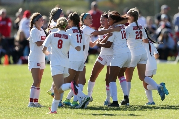 Arbor View celebrates a goal by Madison Boyd (18) in their game against Centennial in the Su ...
