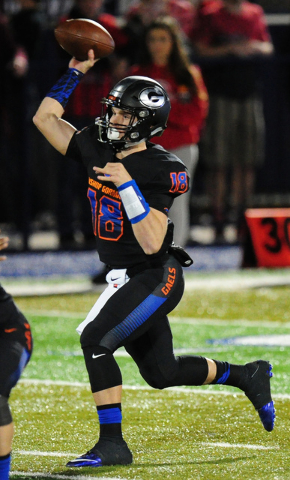 Bishop Gorman quarterback Tate Martell (18) passes against Arbor View in the second half of ...