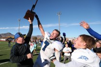 Pahranagat Valley Head Coach Ken Higbee and Shawn Wadsworth celebrate after defeating Whitte ...