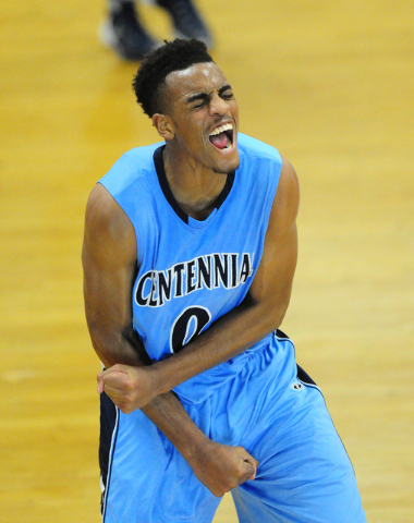 Centennial guard Troy Brown (0) reacts after a big scoring run in the third quarter of their ...