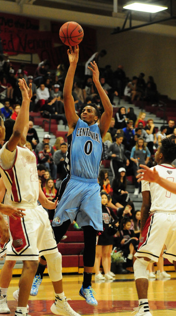 Centennial guard Troy Brown (0) goes up for a shot against Desert Oasis in the fourth quarte ...