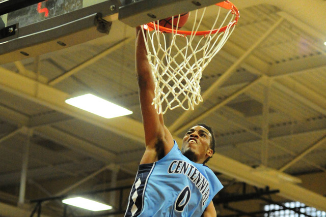 Centennial guard Troy Brown (0) dunks against Desert Oasis in the first quarter of their pre ...