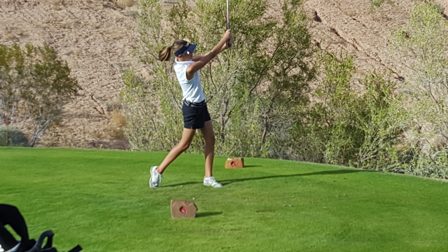 Boulder City’s Ryann Reese tees off on the 14th hole during the Class 3A Southern Regi ...