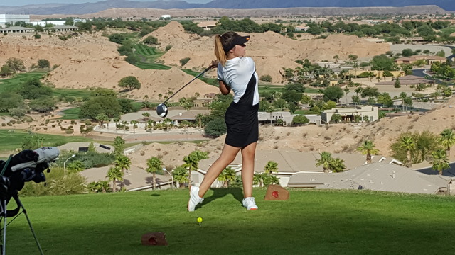 Tech’s Scout Pope takes a practice swing on the 16th tee during the Class 3A Southern ...