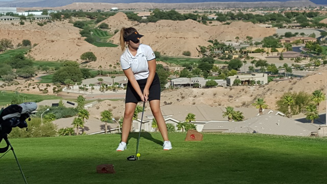 Tech’s Scout Pope prepares to hit her drive on the 16th tee during the Class 3A Southe ...