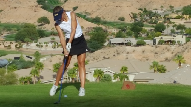 Lani Potter of Boulder City hits her drive on the 16th hole during the Class 3A Southern Reg ...