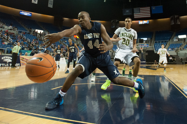 Agassi Prep’s Dennis Walker (44) fails to stop the ball from going out-of-bounds again ...