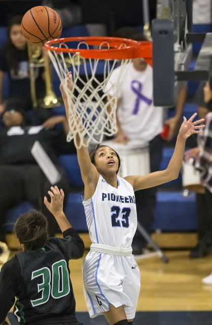 Canyon Springs’ Iyani Hayden (23) slashes to the basket over Green Valley’s Sam ...