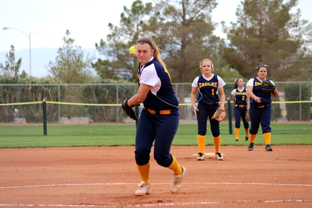 Boulder City’s Charlene Masterson delivers a pitch during the Eagles’ game again ...