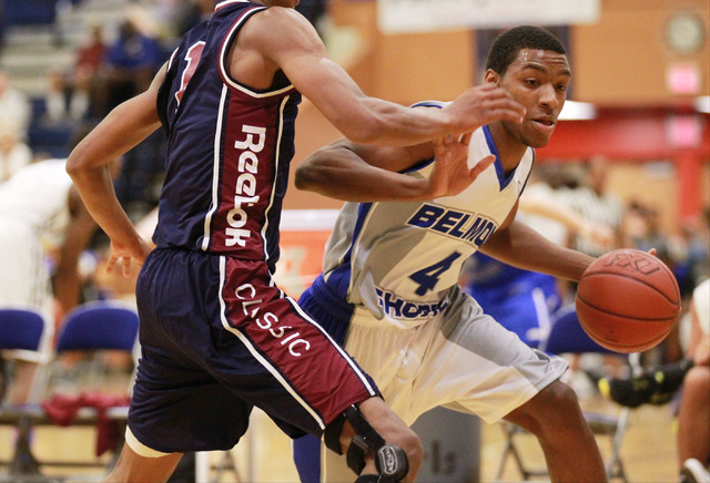 Belmont Shore’s Nick Blair (4) drives the ball against Upward Stars’ PJ Dozier d ...