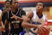 Belmont Shore’s Nick Blair (4) drives past Upward Stars’ Randall Shaw (10) in th ...