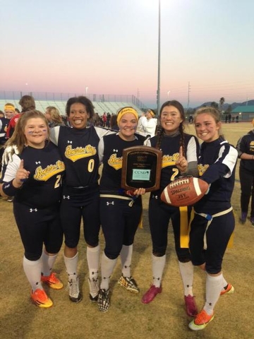 Boulder City players pose after winning the Clark County School District flag football champ ...