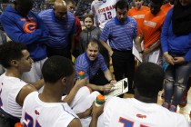 Bishop Gorman Head Coach Grant Rice talks to his team during the Division I championship gam ...