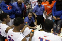 Bishop Gorman coach Grant Rice talks to his team during the Division I championship game aga ...