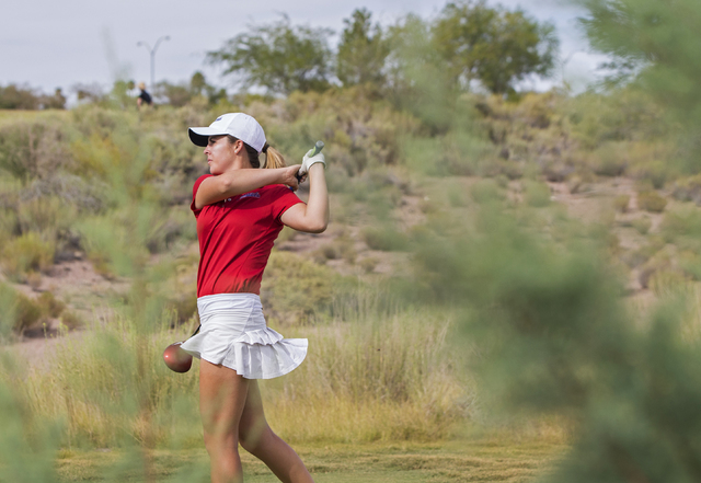 Coronado golfer Gabby DeNunzio tees off during the Cougars match with Boulder City on Monda ...