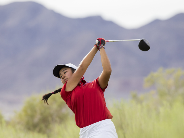 Coronado golfer Ashley Lung drives the ball during the Cougars match with Boulder City on M ...