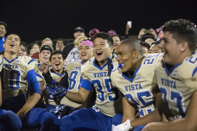 Sierra Vista players celebrate after knocking off Durango to go to 8-0 on the season on Frid ...