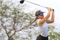 Boulder City golfer Lani Potter hits a drive during the Eagles match with Coronado on Monday ...
