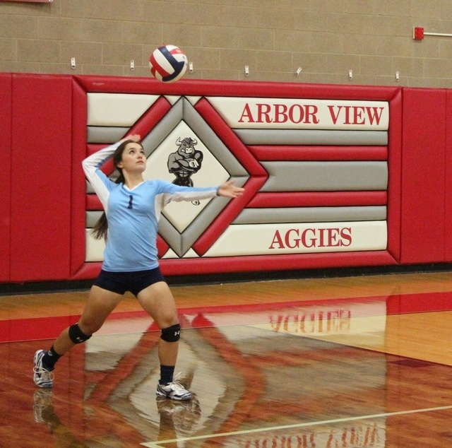 Centennial’s Adrianna Galtieri prepares to serve to Arbor View, Wednesday night during ...