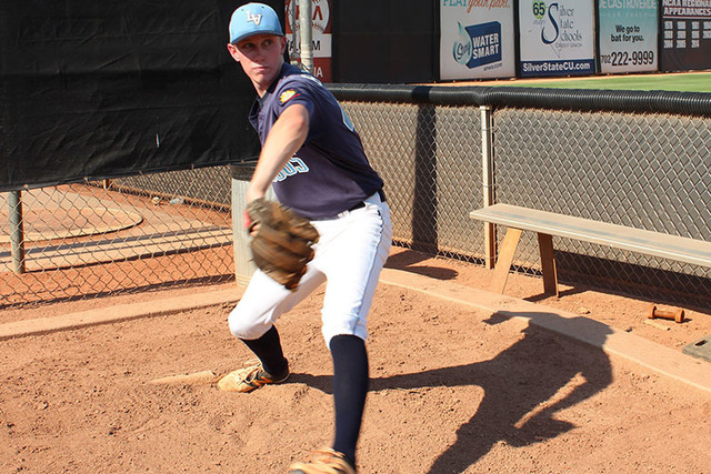 Centennial pitcher Jacob Rogers throws in the bullpen prior to Monday’s American Legio ...
