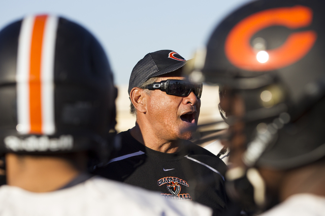 Chaparral head coach Paul Nihipali speaks to his players during a practice on Thursday, Nov. ...