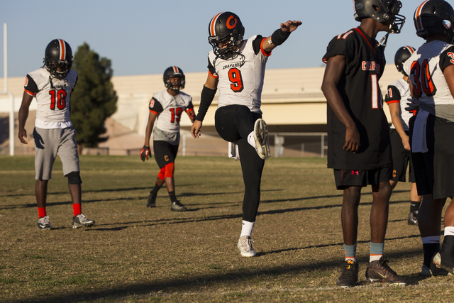 Chaparral’s Devin Gaddy (9) warms up during practice on Thursday, Nov. 10, 2016, in La ...