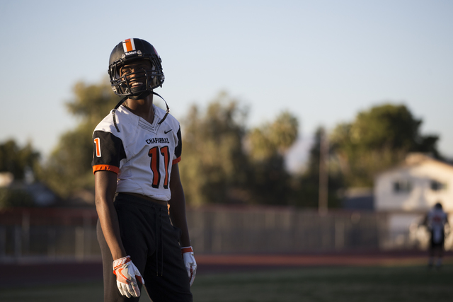 Chaparral’s Kentrell Petite (11) listens to a teammate during practice on Thursday, No ...