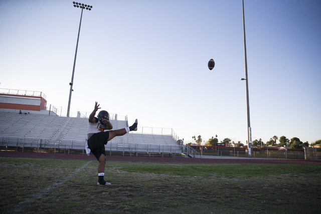 Chaparral’s Jacob Ford (30) kicks a punt during practice on Thursday, Nov. 10, 2016, i ...