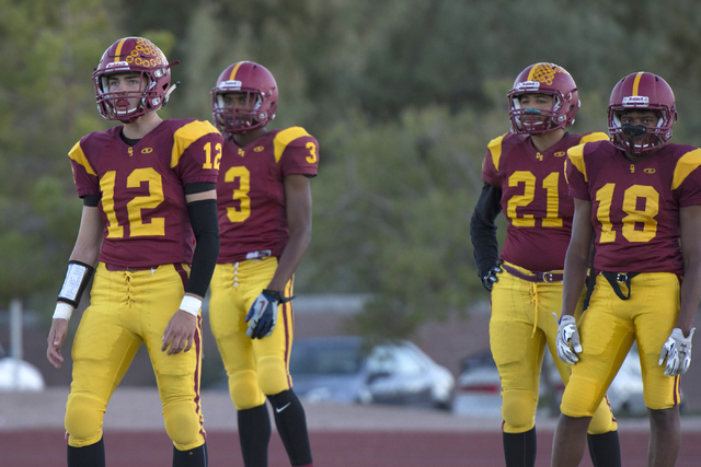 Del Sol warms up prior to a football game against Chaparral at Del Sol in Las Vegas, Friday, ...