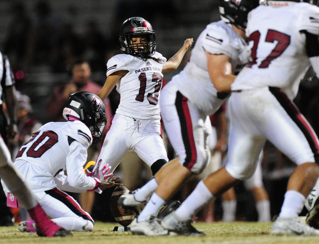 Desert Oasis kicker Angelique Gaeta attempts a 32 yard field goal against Spring Valley in t ...