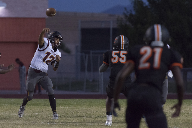 Eldorado’s Jaime Rangel (12) throws the ball during a football game at Chaparral in La ...